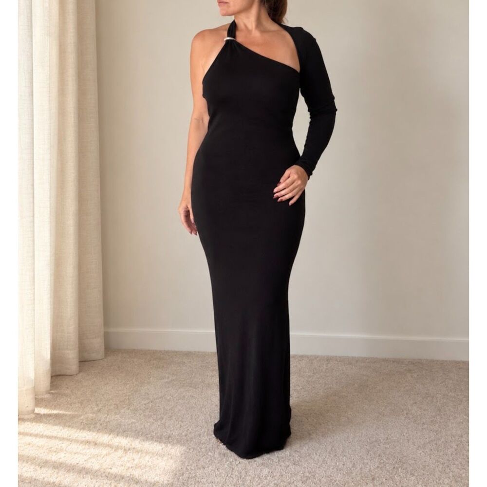 Mango Selection Black One Shoulder Maxi Dress Women’s M US 6 Long Sleeve